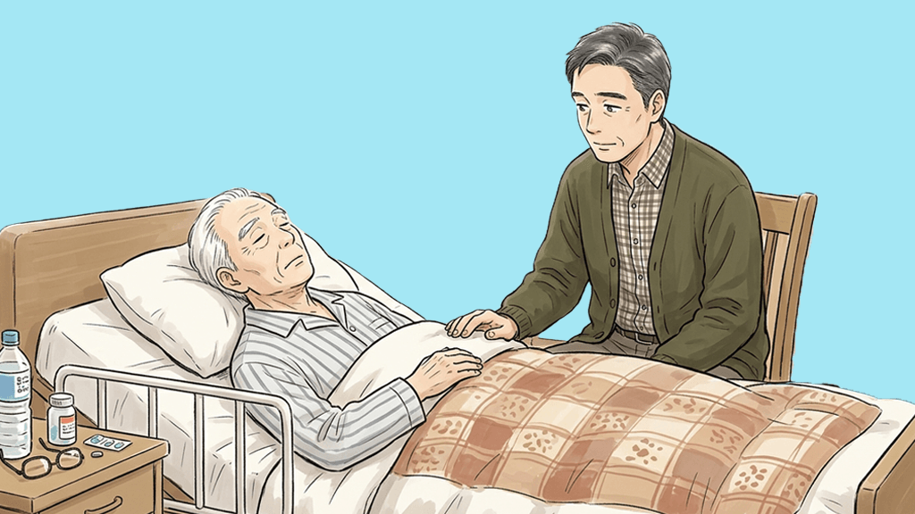 ベッドで目を瞑って横になっているおじいいちゃんと、それを見つめる息子